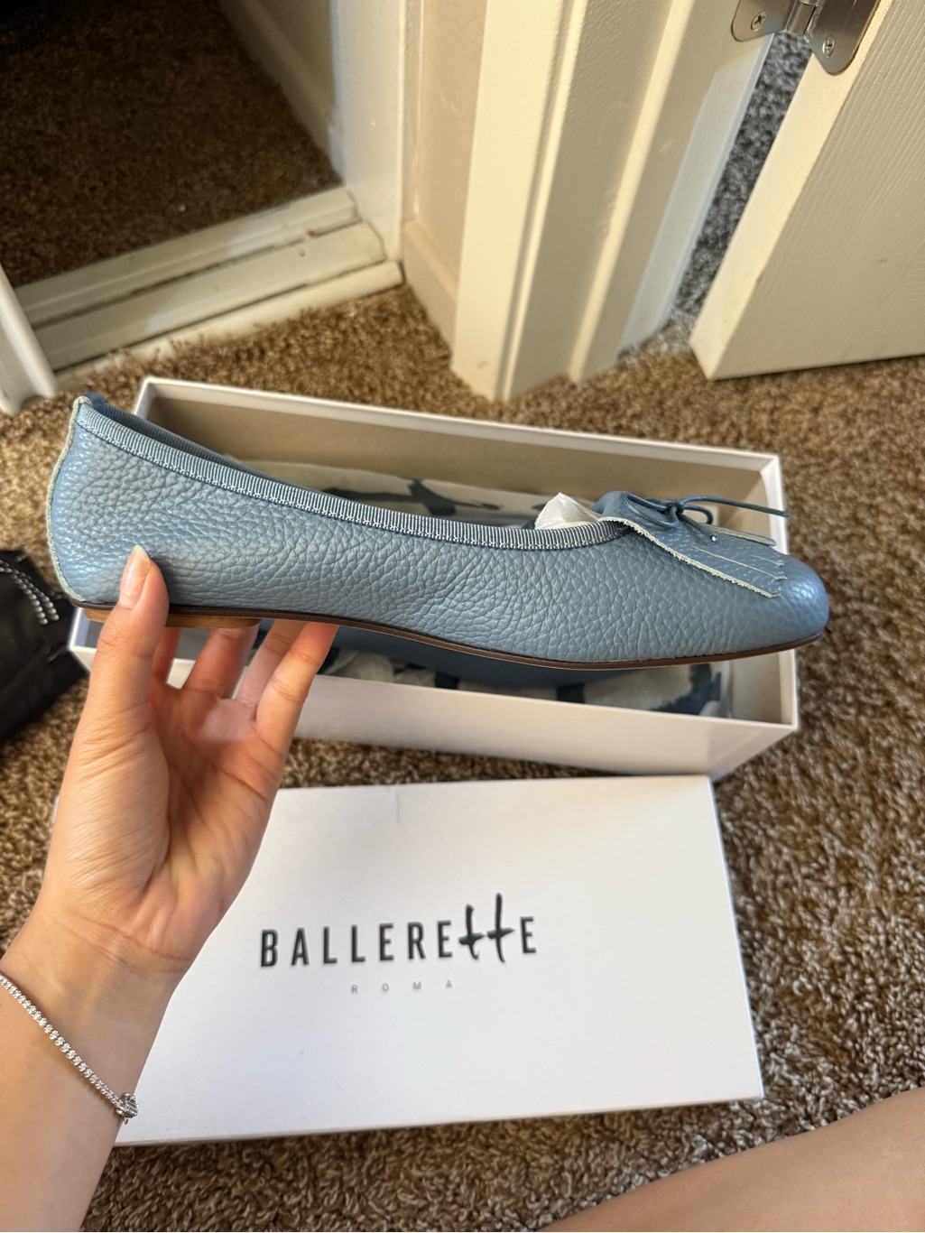 Women’s Powder Blue Leather Ballet Flats With Fringe Bow — image 2 of 6